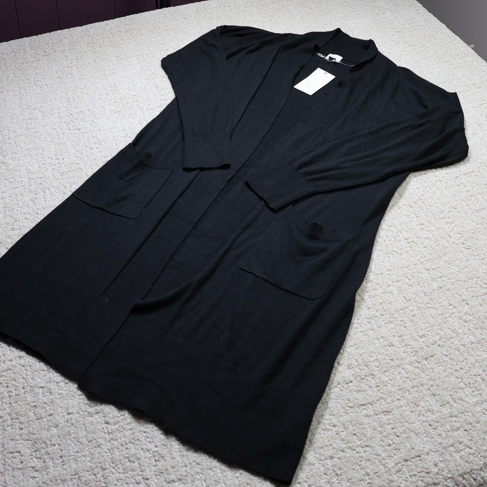 A New Day Women Black Open Front Long Sleeve Cardigan Sweater Pockets S G8M717